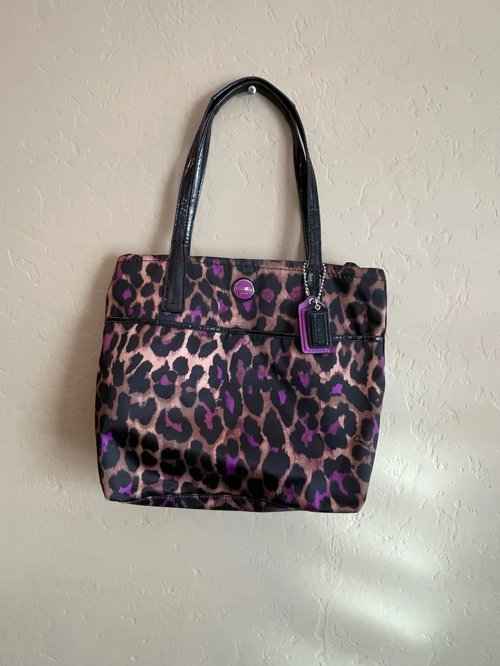 Coach Leopard-Print Tote in Black, Brown & Purple y2k animal print sateen
